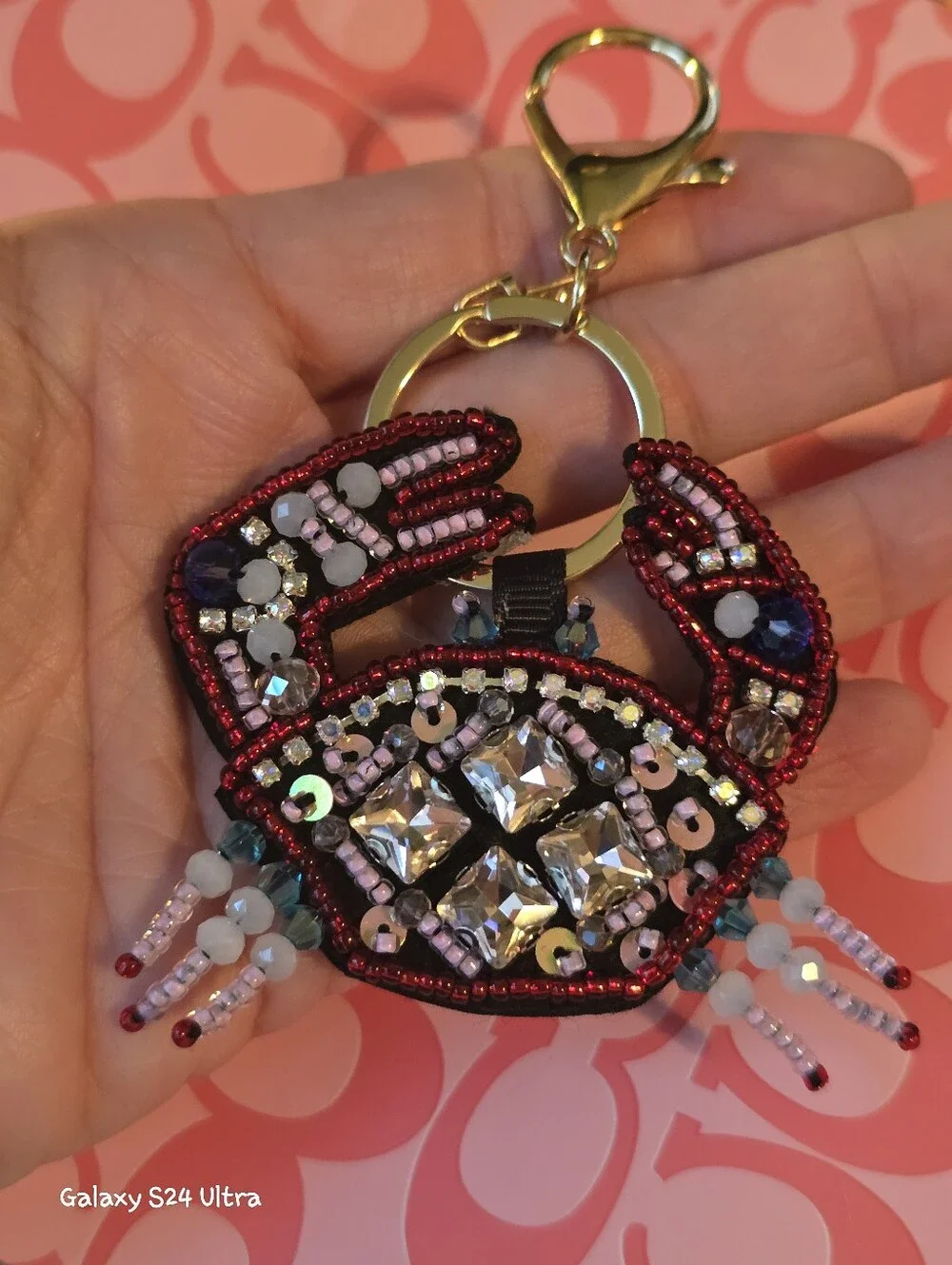 Crab Leather/ Bead Bag Charm/ Keychain New
